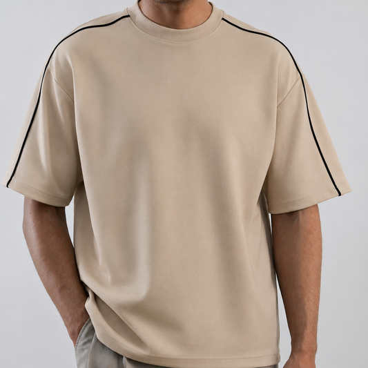 Striped Shoulder Oversized Tee - Beige
