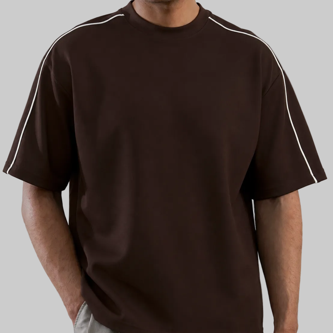 Striped Shoulder Oversized Tee - Mocha Brown