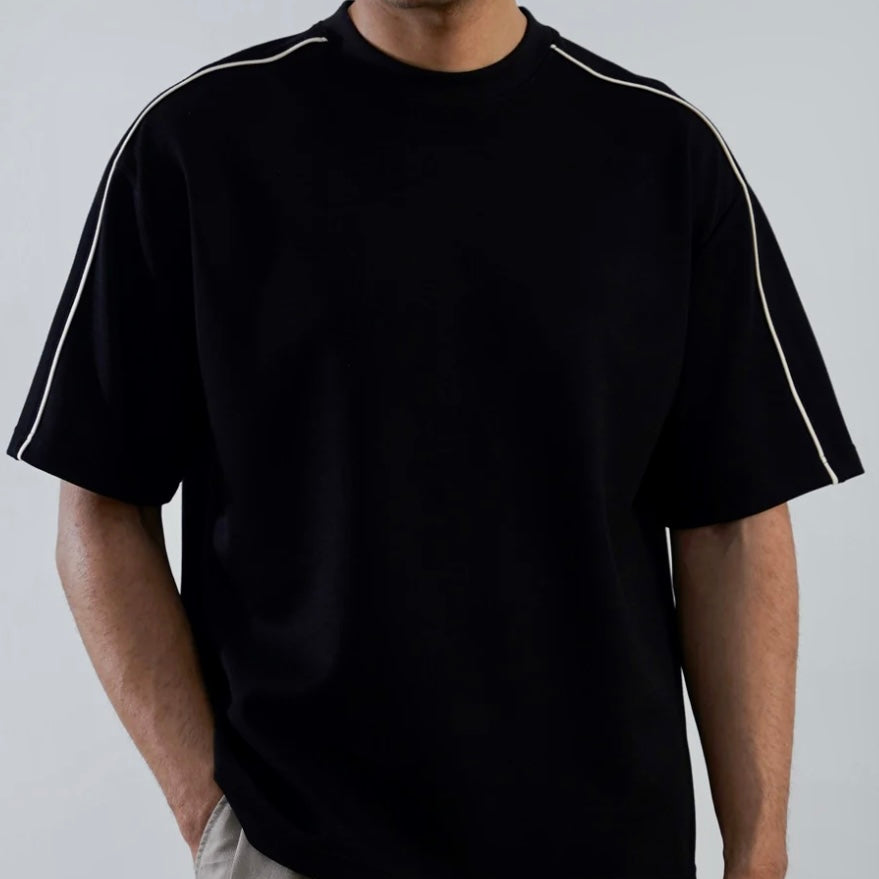 Striped Shoulder Oversized Tee - Black
